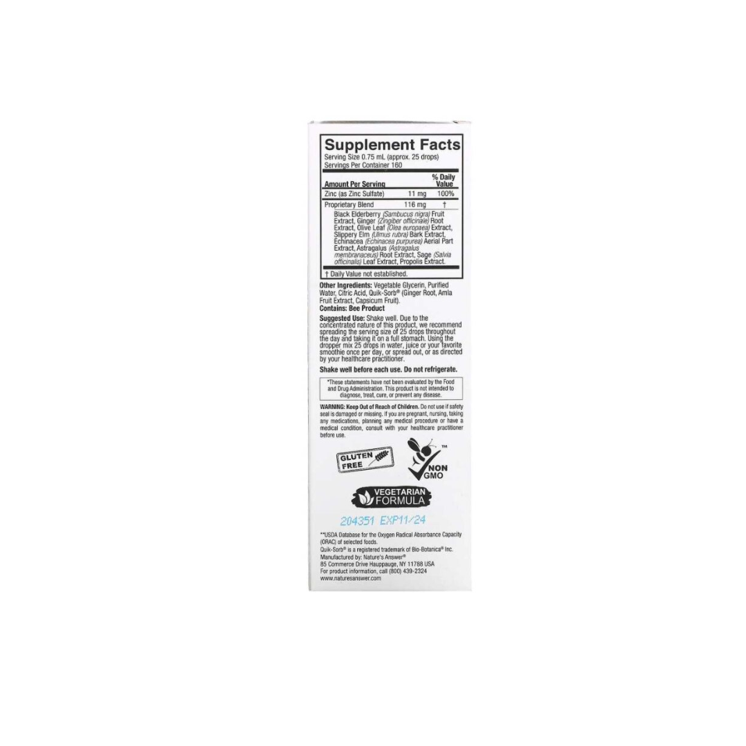 Nature's Answer Ionic Zinc Immune with Black Elderberry Liquid, 120ml.