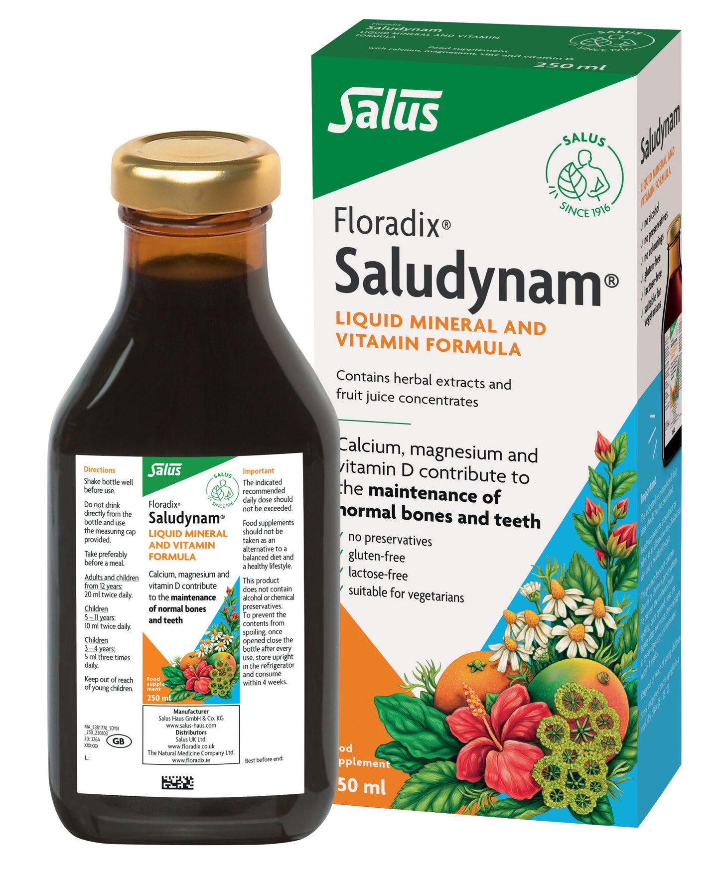 Salus Haus Floradix Saludynam Liquid Vit D, Calcium, Magnesium, Zinc, 250 ml