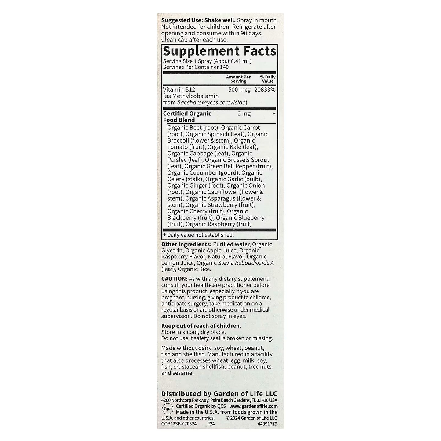 Garden of Life mykind Organics B12 Spray- Raspberry, 58 ml.