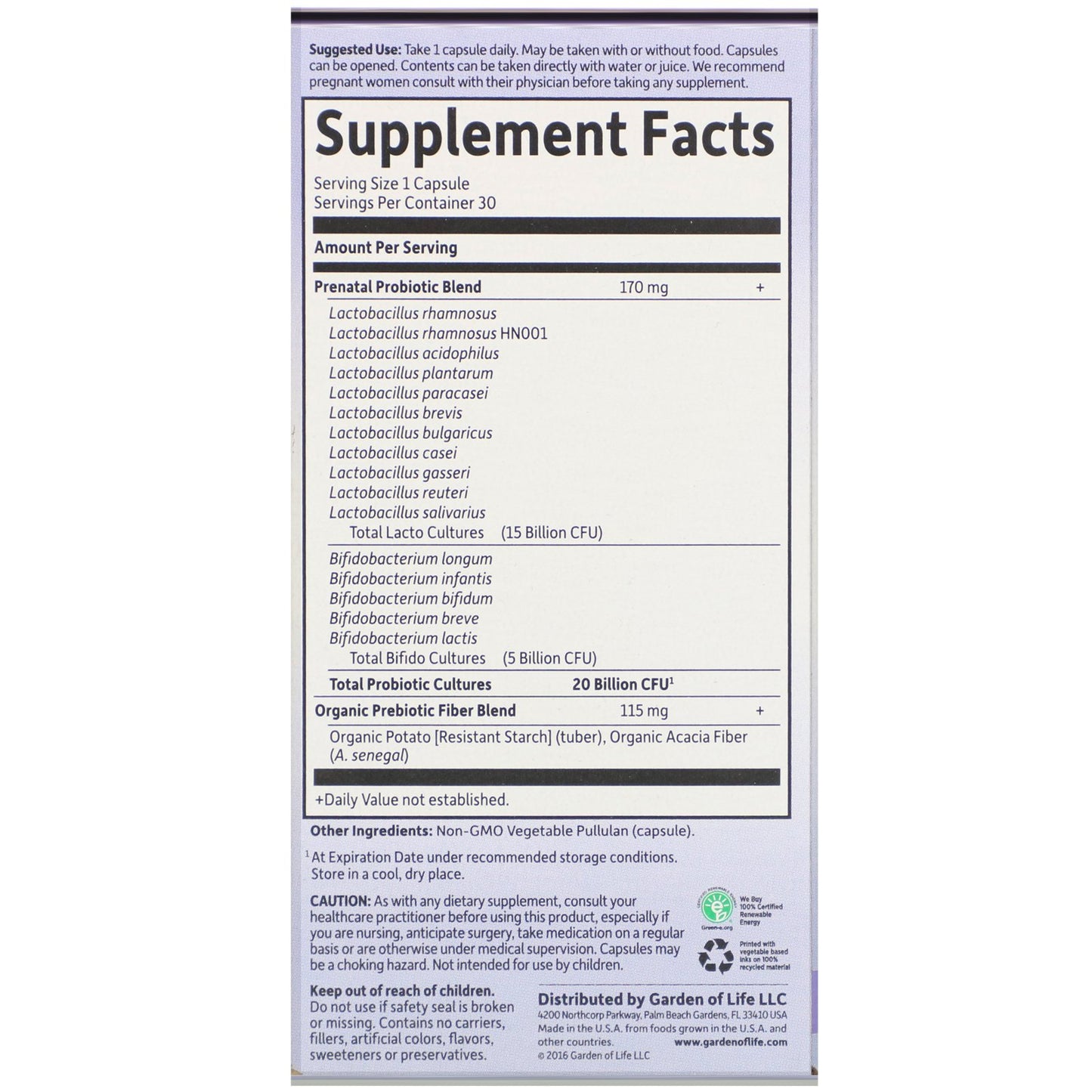 Garden of Life Dr. Formulated PROBIOTICS Once Daily Prenatal, 30 Vcaps.