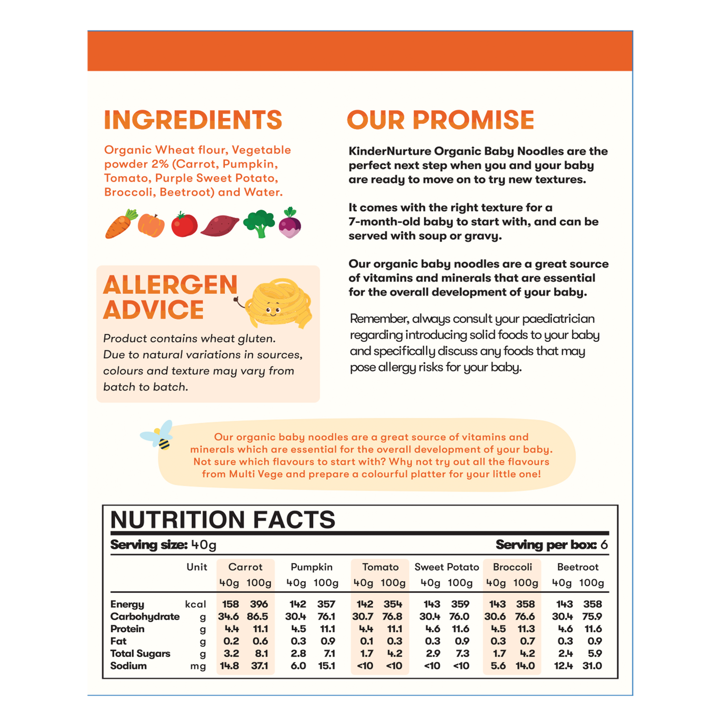 KinderNurture Organic Baby Noodles- Multi-Veg (6 flavours), 6 x 40g.
