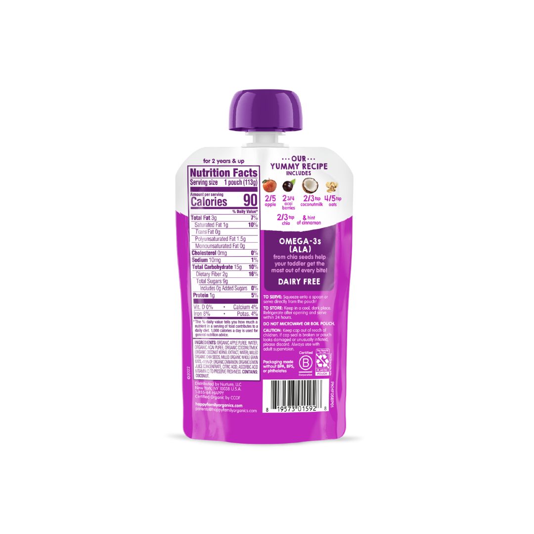 Happy Family Happy Tot Super Morning Organic Apples, Acai, Coconut Milk & Oats + Super Chia, 113 g.