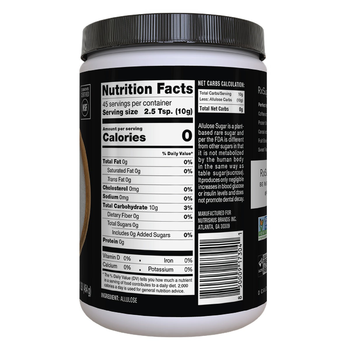 RxSugar Allulose Sugar Canister, 454 g.