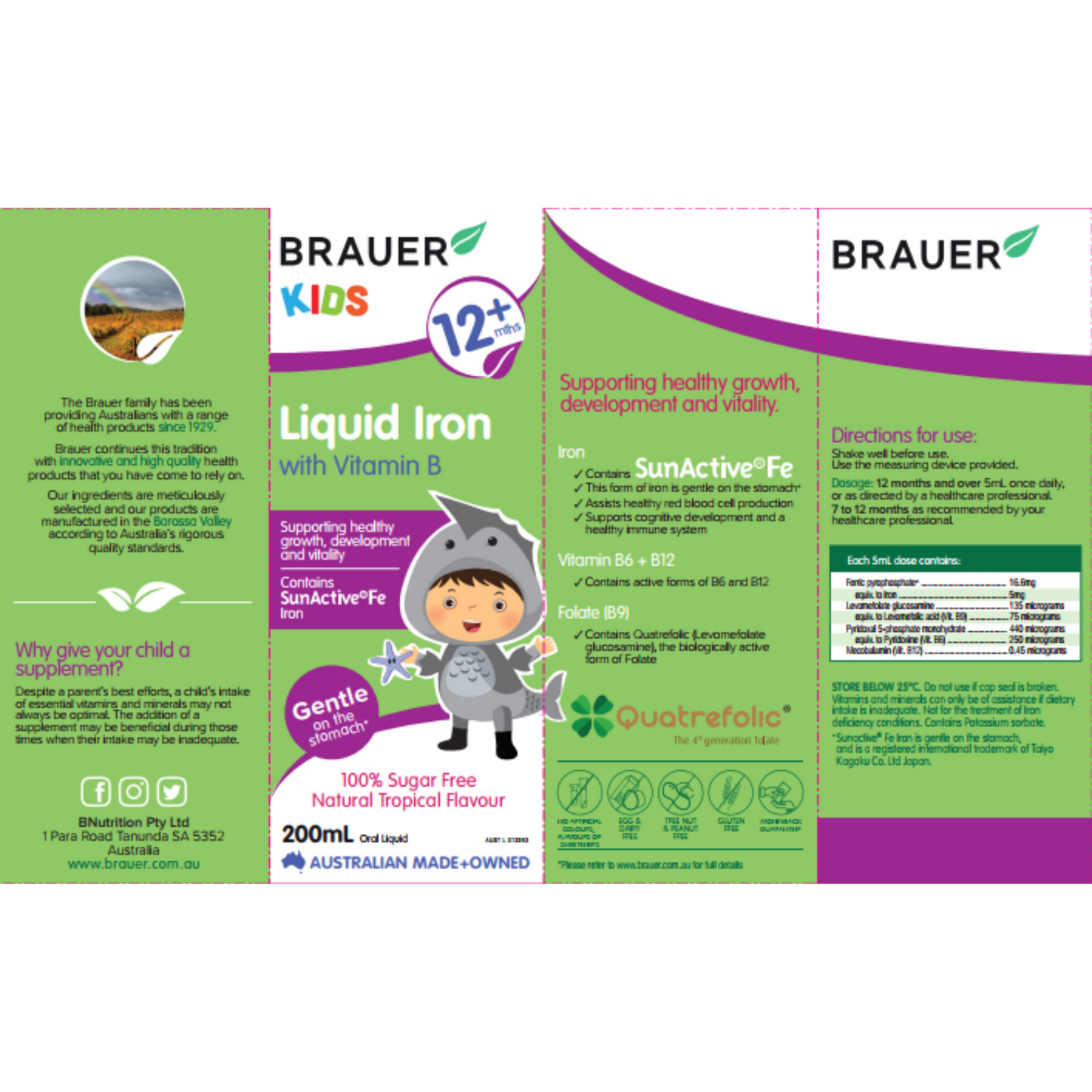 Brauer Kids Liquid Iron with Vitamin B, 200 ml.
