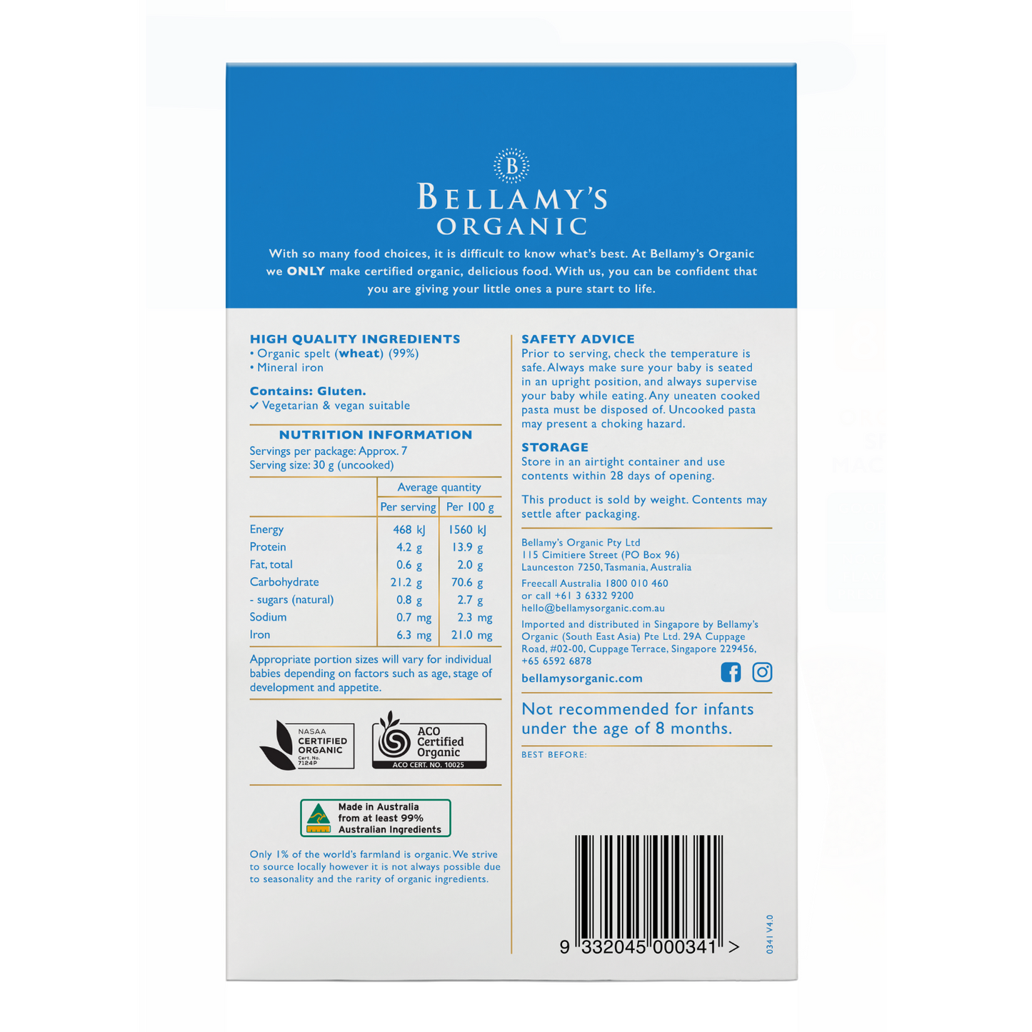 Bellamy's Spelt Macaroni, 200 g.