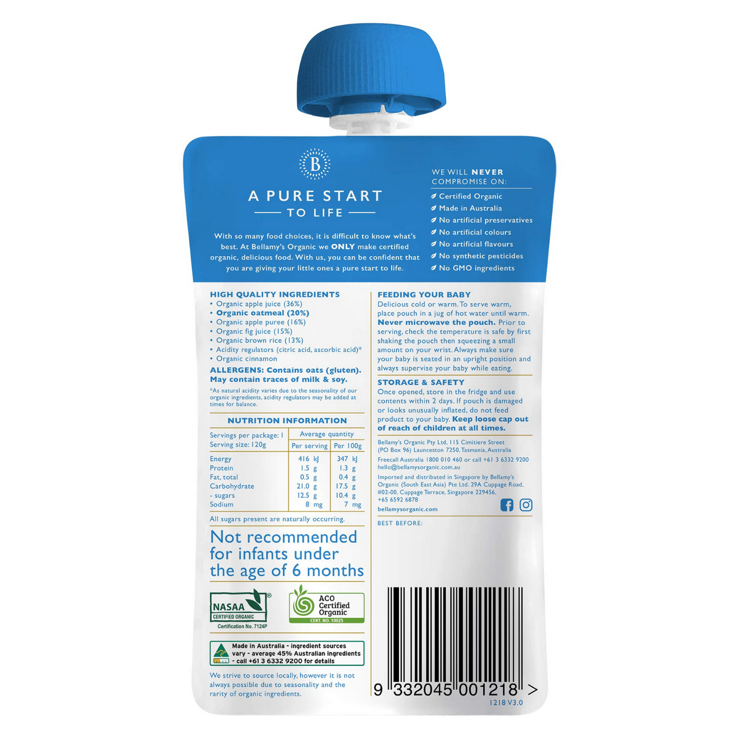 Bellamy's Organic Apple & Fig Oatmeal, 120 g.