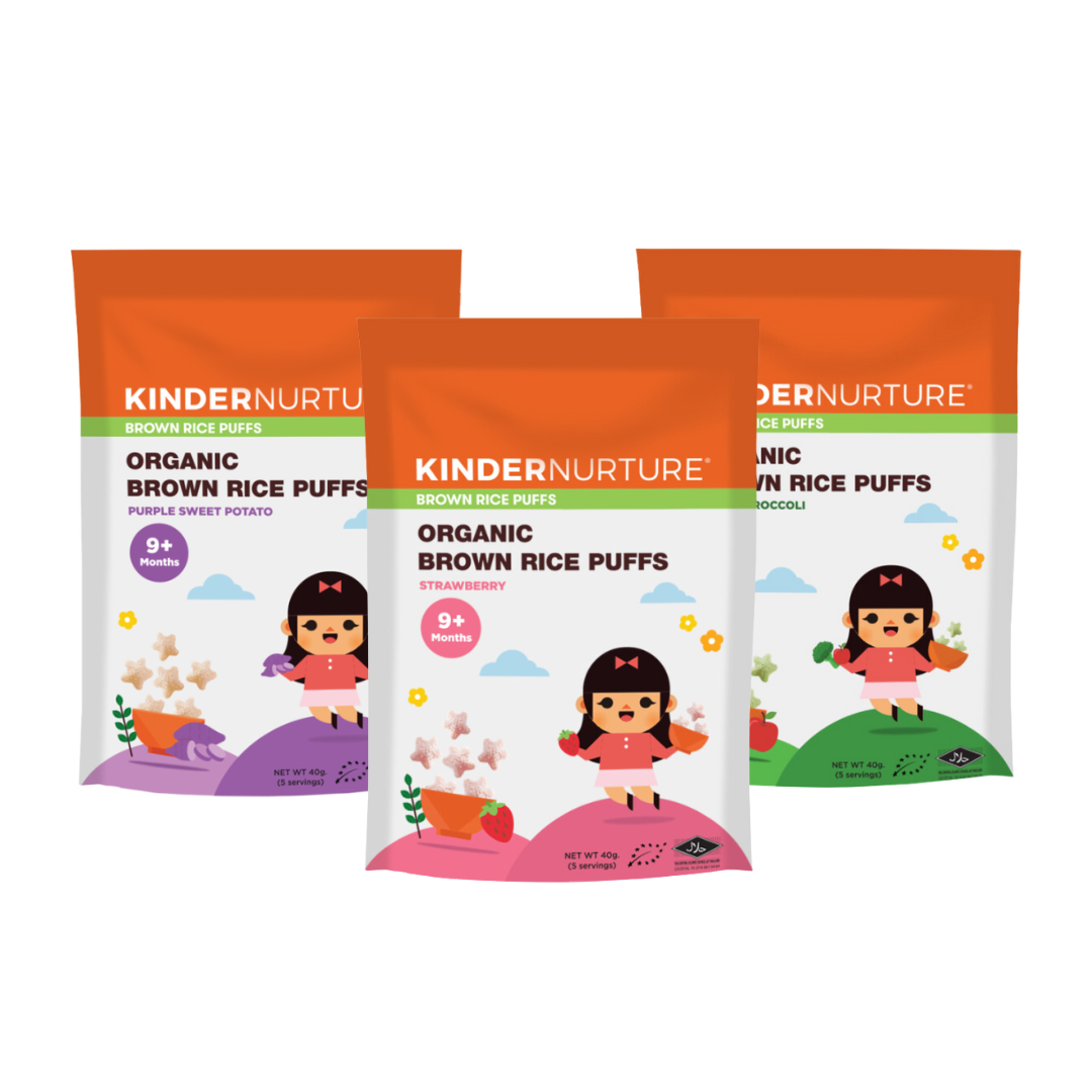 KinderNurture Organic Brown Rice Puffs (1 Strawberry +1 Purple Sweet Potato +1 Broccoli & Apple)