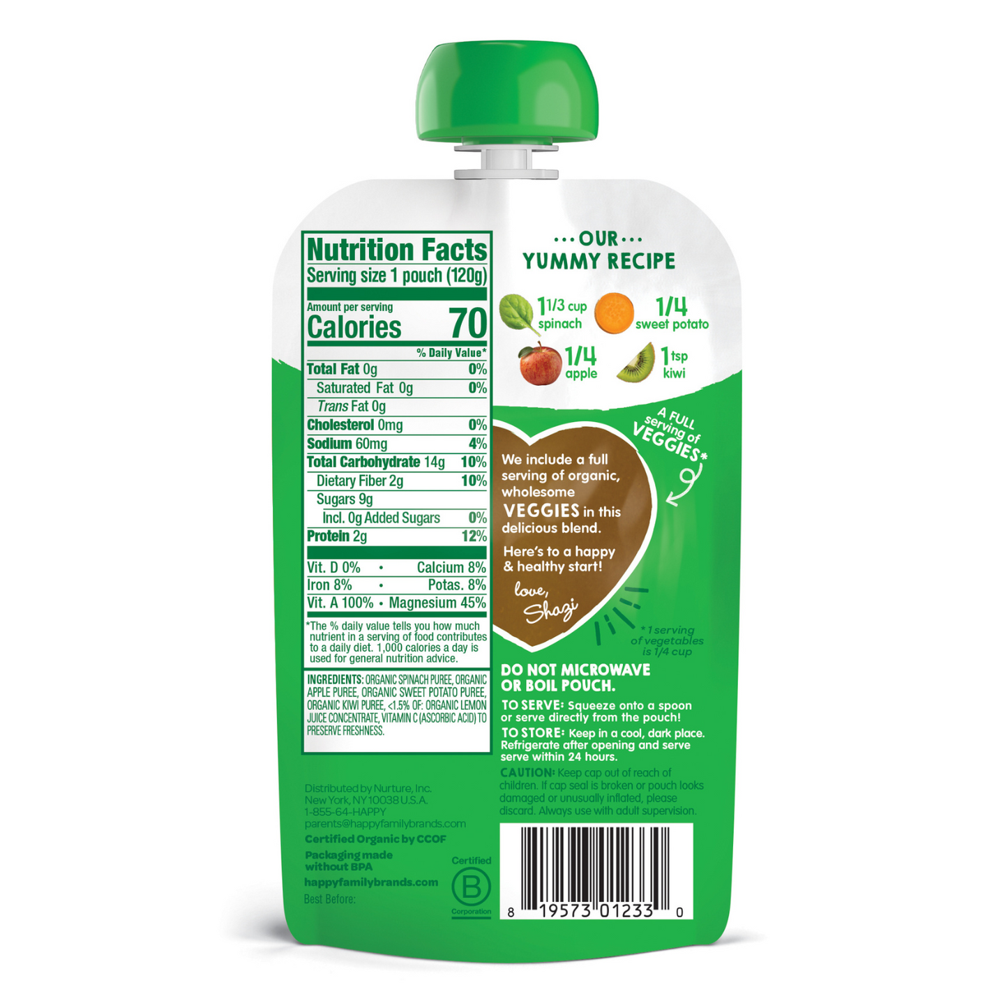 Happy Family Happy Tot Love My Veggies - Spinach, Apple, Sweet Potato & Kiwi, 120 g.