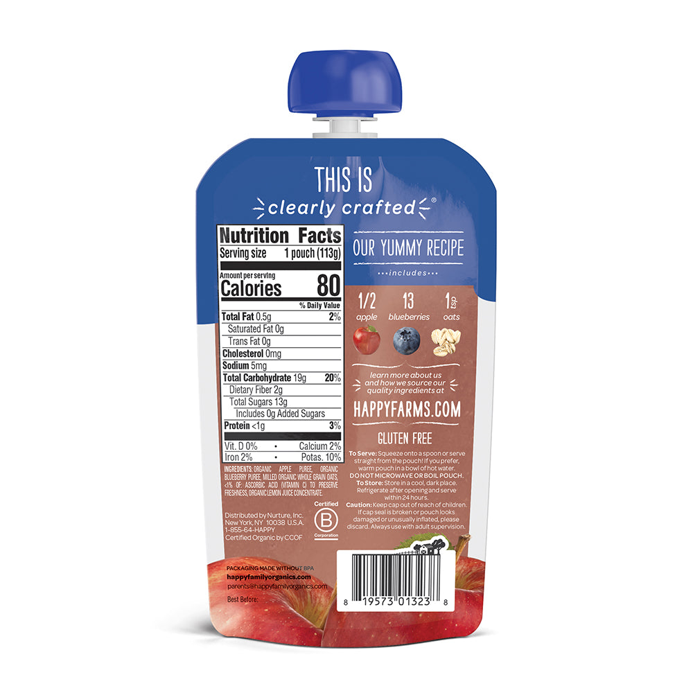 Happy Family Happy Baby Stage 2 Clearly Crafted - Apples Blueberries & Oats, 113 g.