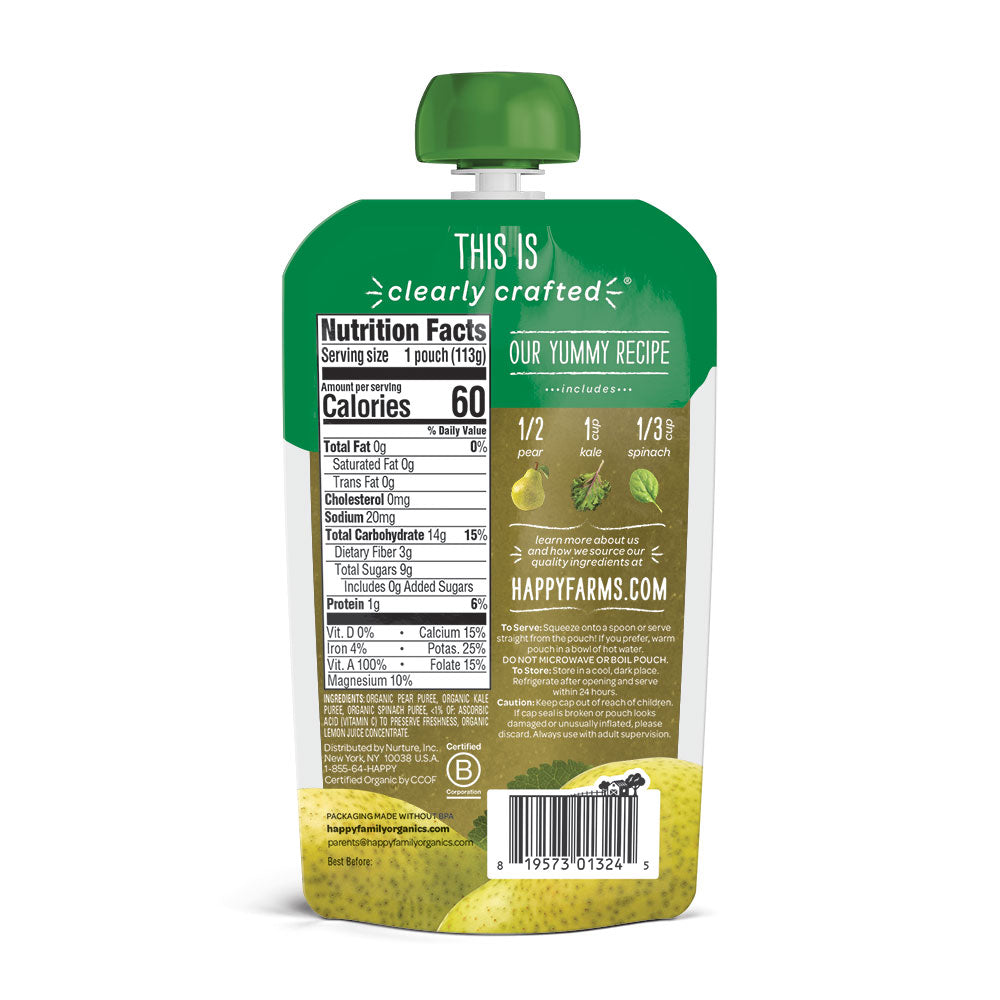 Happy Family Happy Baby Stage 2 Clearly Crafted - Pears Kale & Spinach, 113 g.