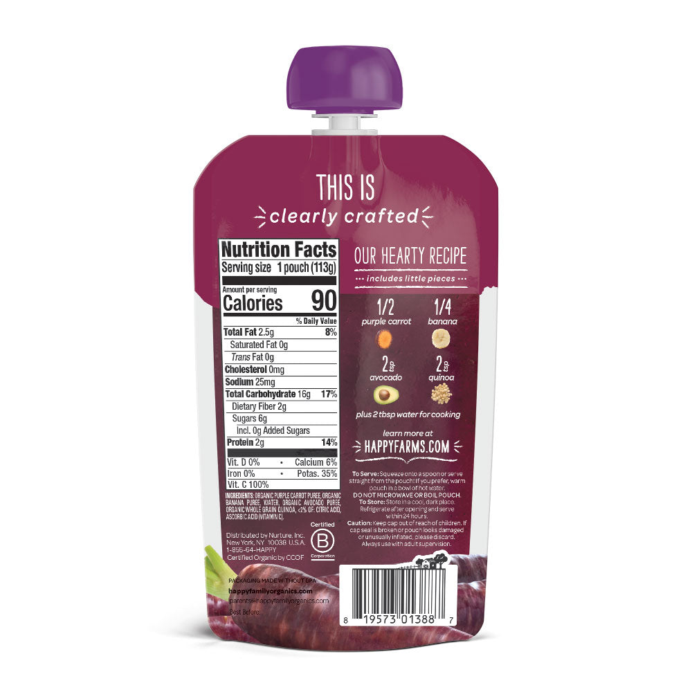 Happy Family Happy Baby Stage 2 Clearly Crafted Meals - Purple Carrots Bananas Avocados & Quinoa, 113g