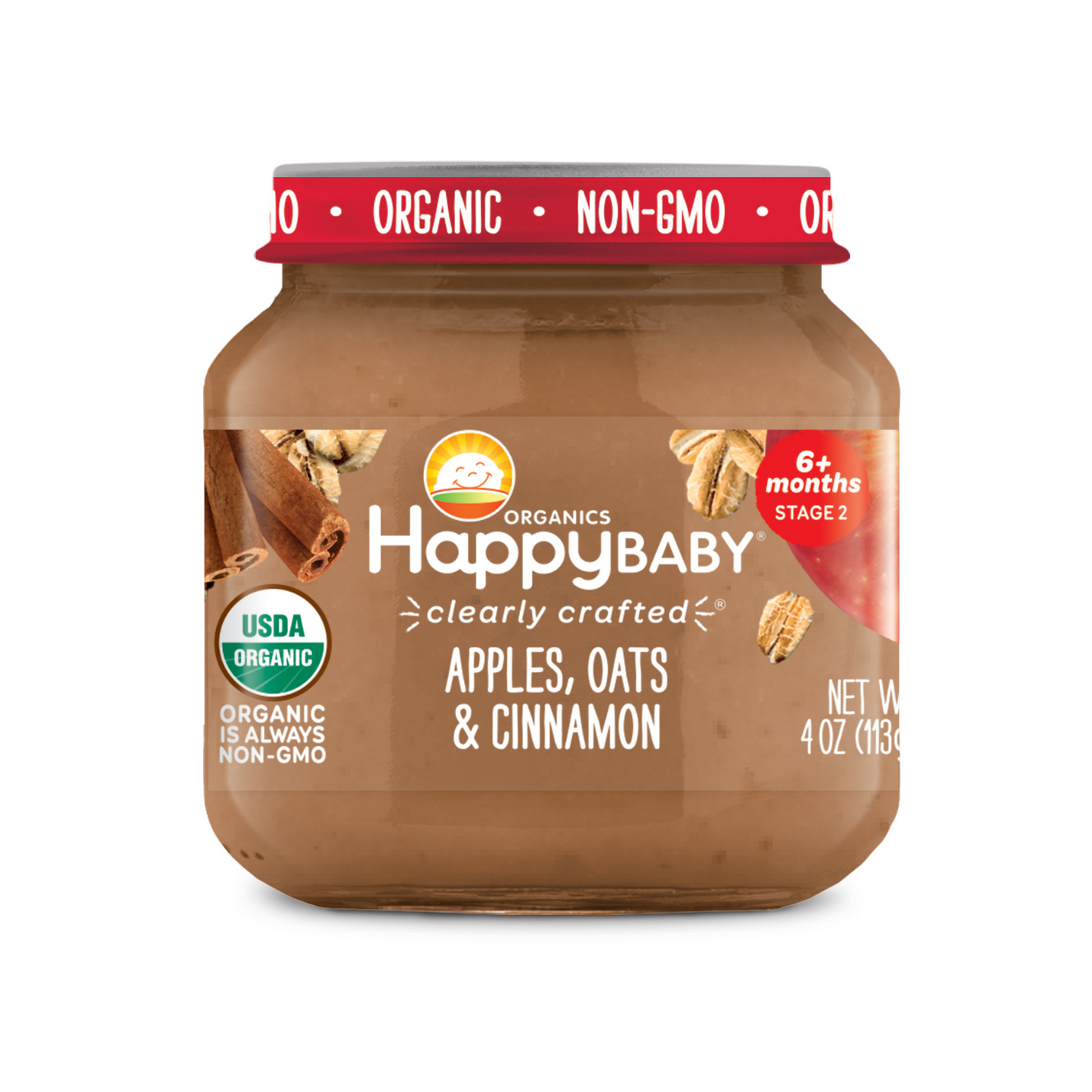 Happy Family Happy Baby Stage 2 Clearly Crafted Jars - Apples, Oats & Cinnamons, 113 g.