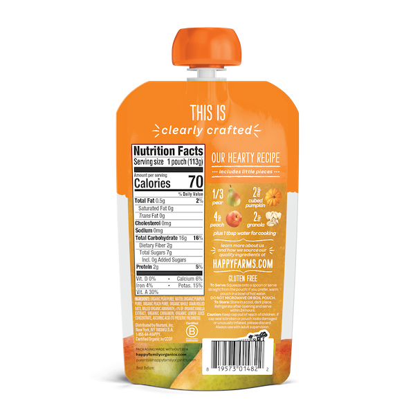 Happy Family Happy Baby Stage 2 Clearly Crafted Meals - Pears Pumpkin Peaches & Granola, 113 g.