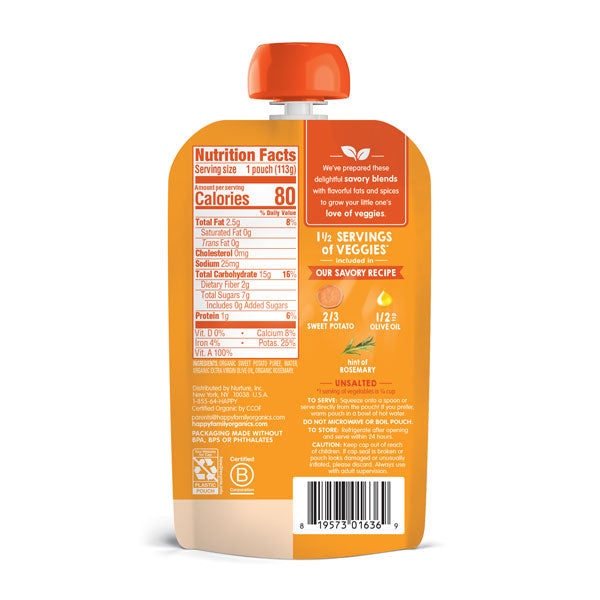 Happy Family Happy Baby Organic Sweet Potatoes with Olive Oil + Rosemary, 113 g.