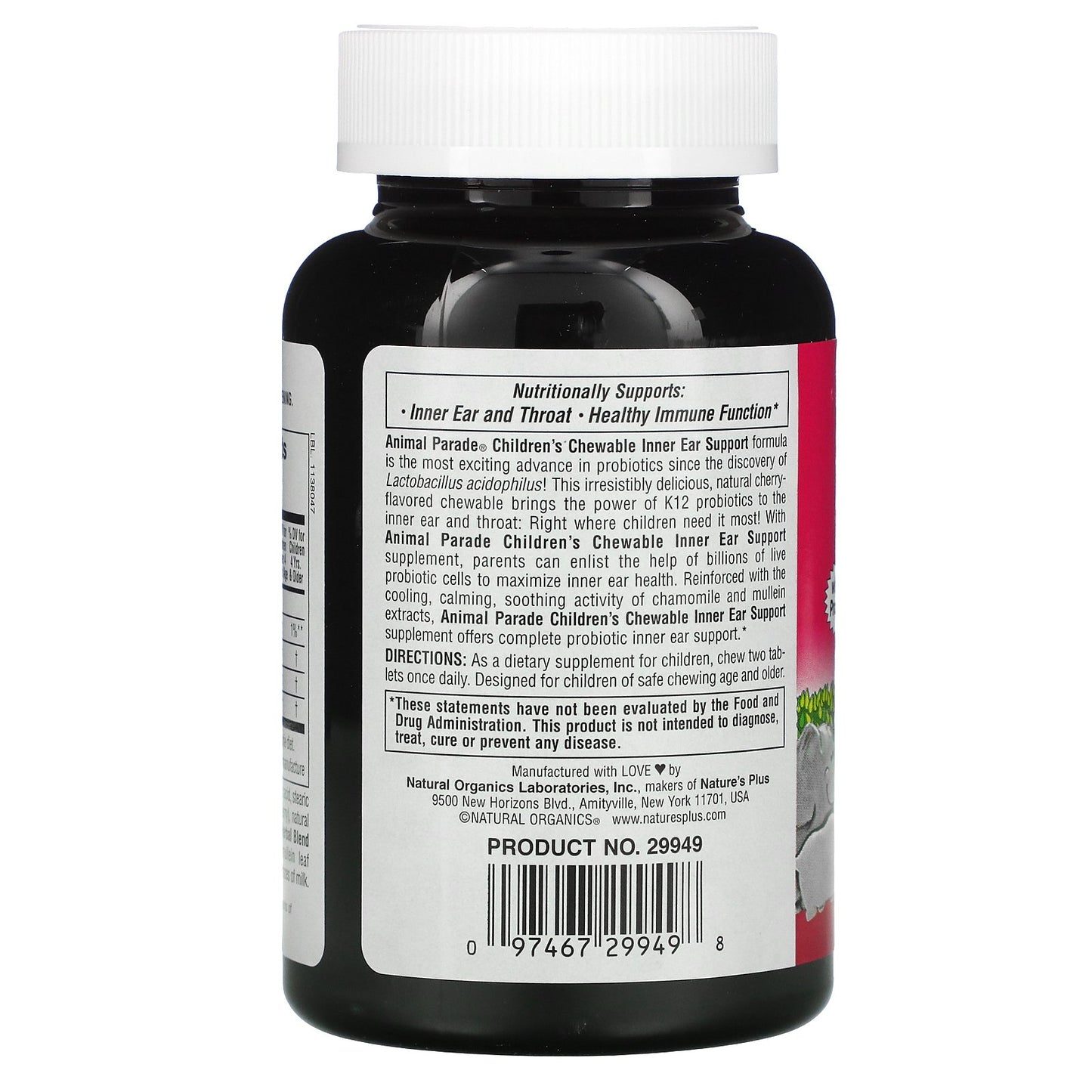 Natures Plus Source of Life Animal Parade Children's Chewable Inner Ear Support, 90 tabs.