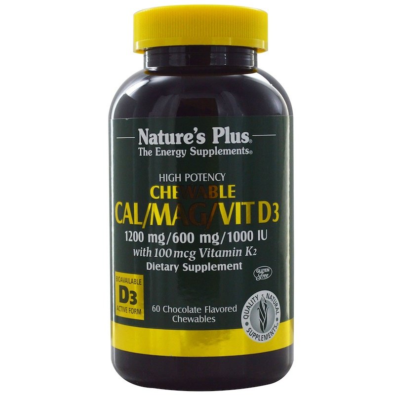 Natures Plus Cal/Mag/Vit D3 with Vitamin K2 Chewables - Chocolate, 60 tabs.