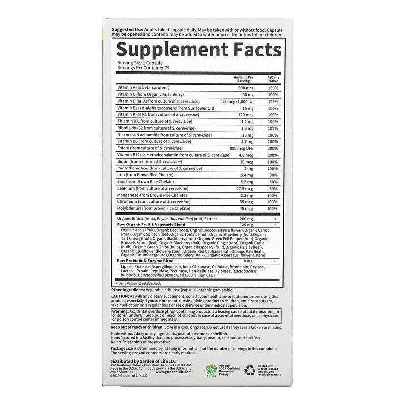 Garden of Life Vitamin Code Raw One For Women, 75 Vcaps.