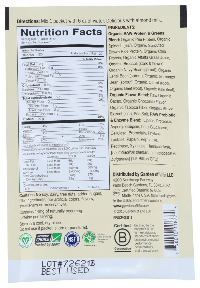 Garden of Life RAW Organic Protein & Greens - Chocolate, 31 g.