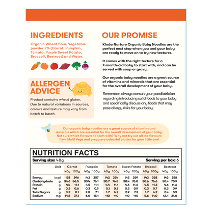 KinderNurture Organic Baby Noodles- Multi-Veg (6 flavours), 6 x 40g.