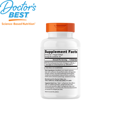 Doctor's Best Best Vegetarian DHA from Algae 200mg, 60 sgls