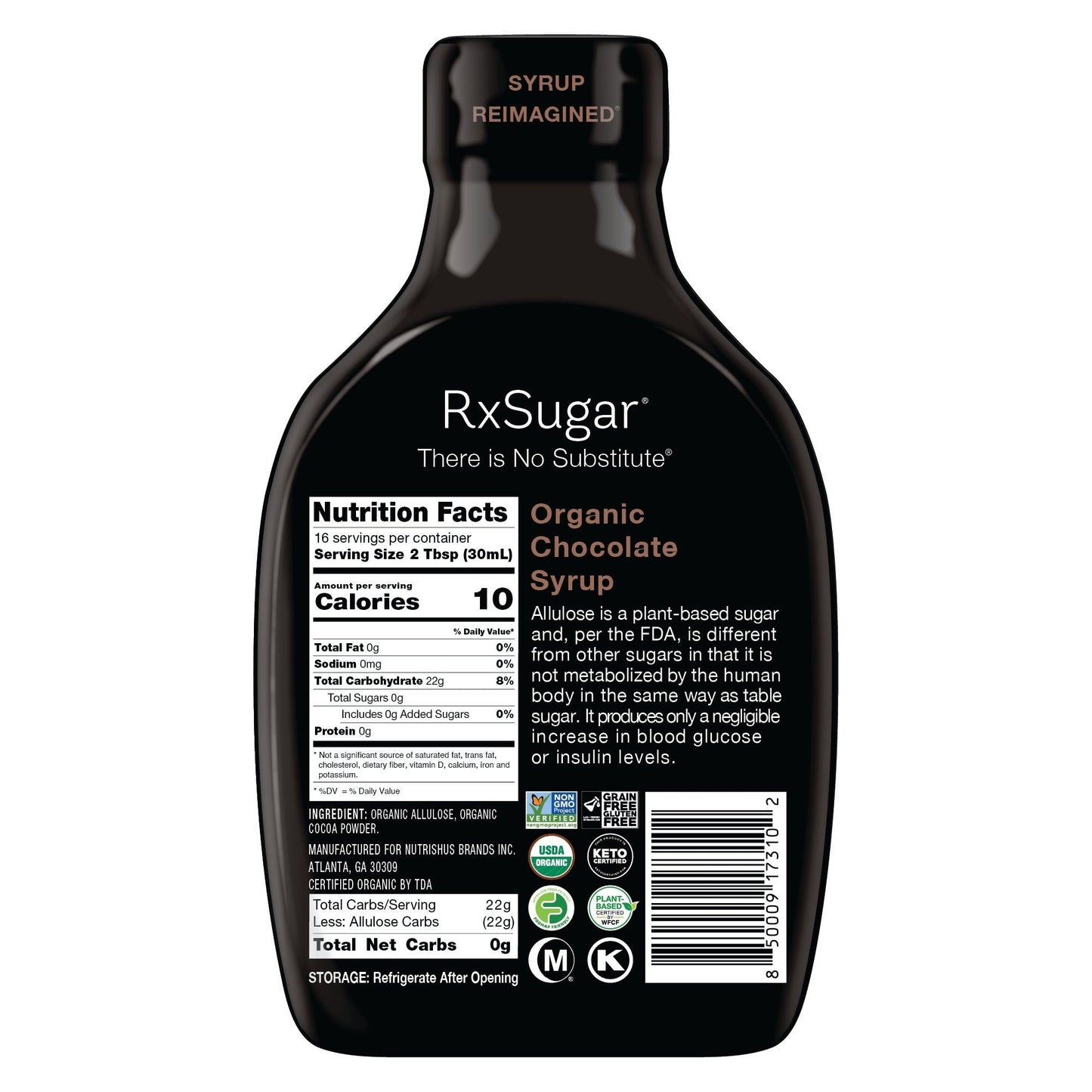 RxSugar Organic Chocolate Syrup, 473ml.