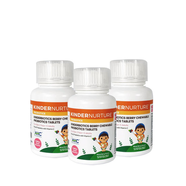 [25% Off Bundle Deal] 3 x KinderNurture Kinderbiotics Berry Chewable Probiotics Tablets, 60 Chewable Tablets [NEW PACKAGING]