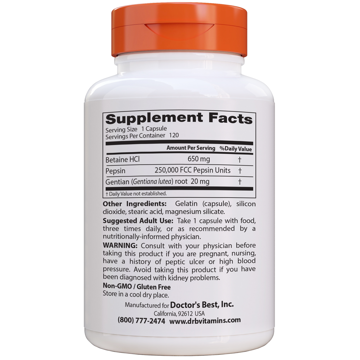 Doctor's Best Betaine HCl Pepsin & Gentian Bitters, 120 caps