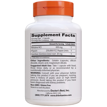 Doctor's Best Betaine HCl Pepsin & Gentian Bitters, 120 caps