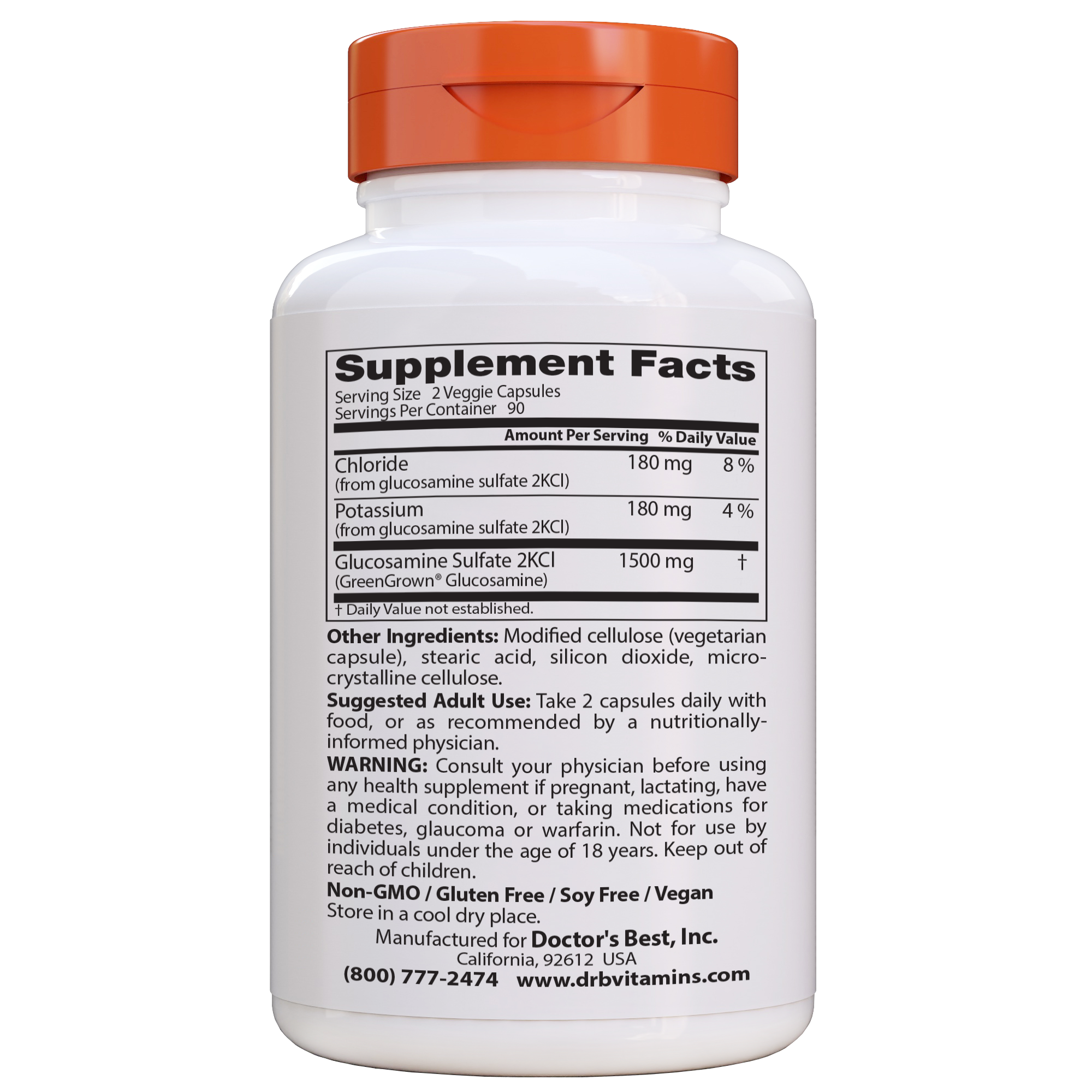Doctor's Best Vegan Glucosamine Sulfate with GreenGrown Glucosamine 750mg, 180 vcaps