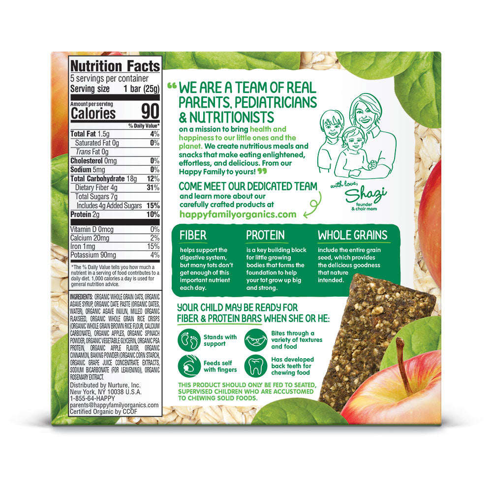Happy Family Happy Tot Fiber & Protein Soft-Baked Oat Bar - Apple & Spinach, 5 x 25 g. [EXP: 19/3/25]