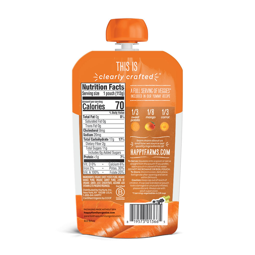 Happy Family Happy Baby Stage 2 Clearly Crafted Meals - Sweet Potatoes Mangos & Carrots, 113 g.