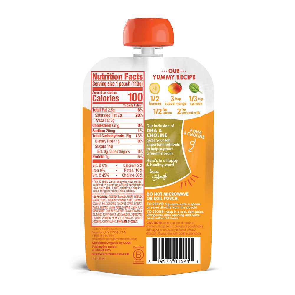 Happy Family Happy Tot Super Smart - Bananas Mangos Spinach + Coconut Milk, 113 g.