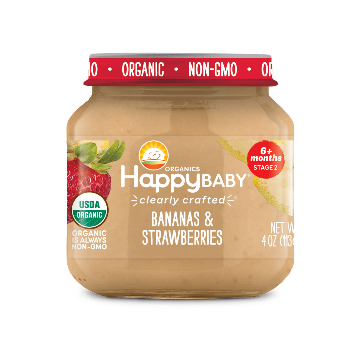Happy Family Happy Baby Stage 2 Clearly Crafted Jars - Bananas & Strawberries, 113 g.