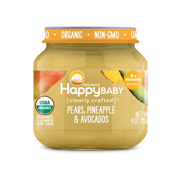 Happy Family Happy Baby Stage 2 Clearly Crafted Jars - Pears, Pineapple & Avocados, 113 g.