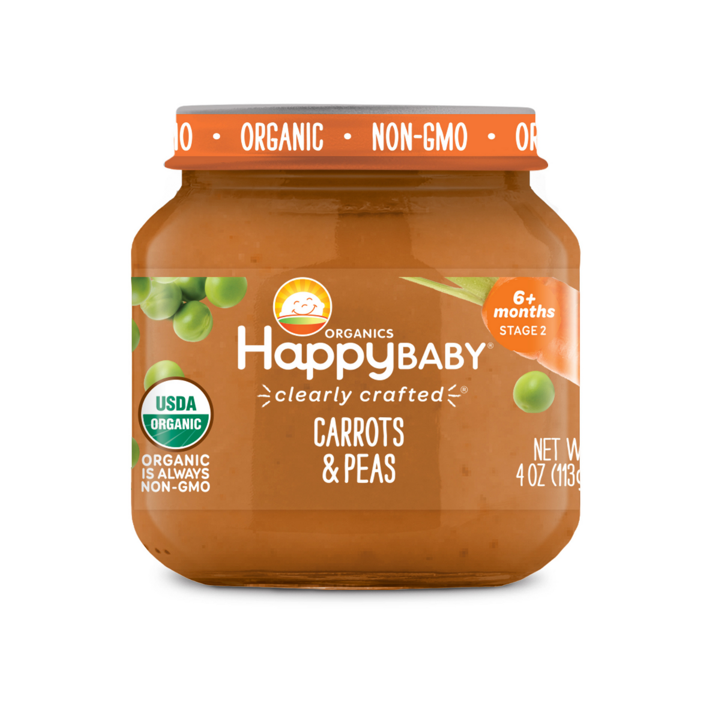 Happy Family Happy Baby Stage 2 Clearly Crafted Jars - Carrots & Peas, 113 g.