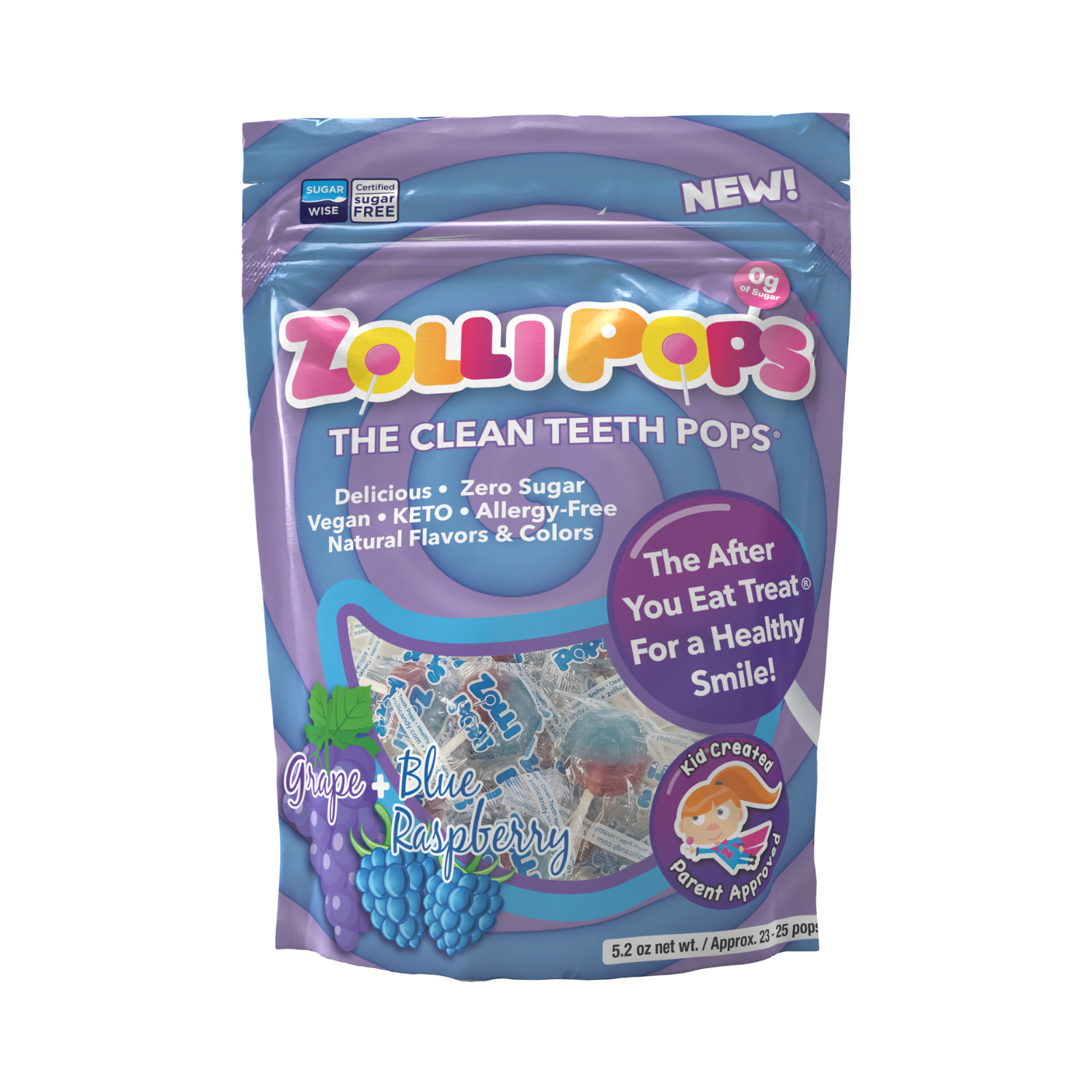 Zollipops The Clean Teeth Pops- Grape & Blue Raspberry Swirl, 147g ...