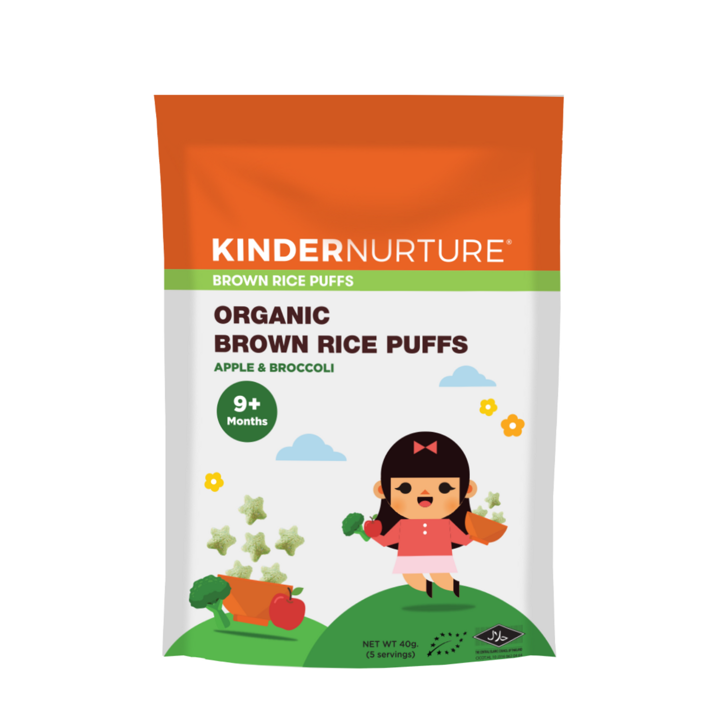 KinderNurture Organic Brown Rice Puffs - Apple & Broccoli, 40g.