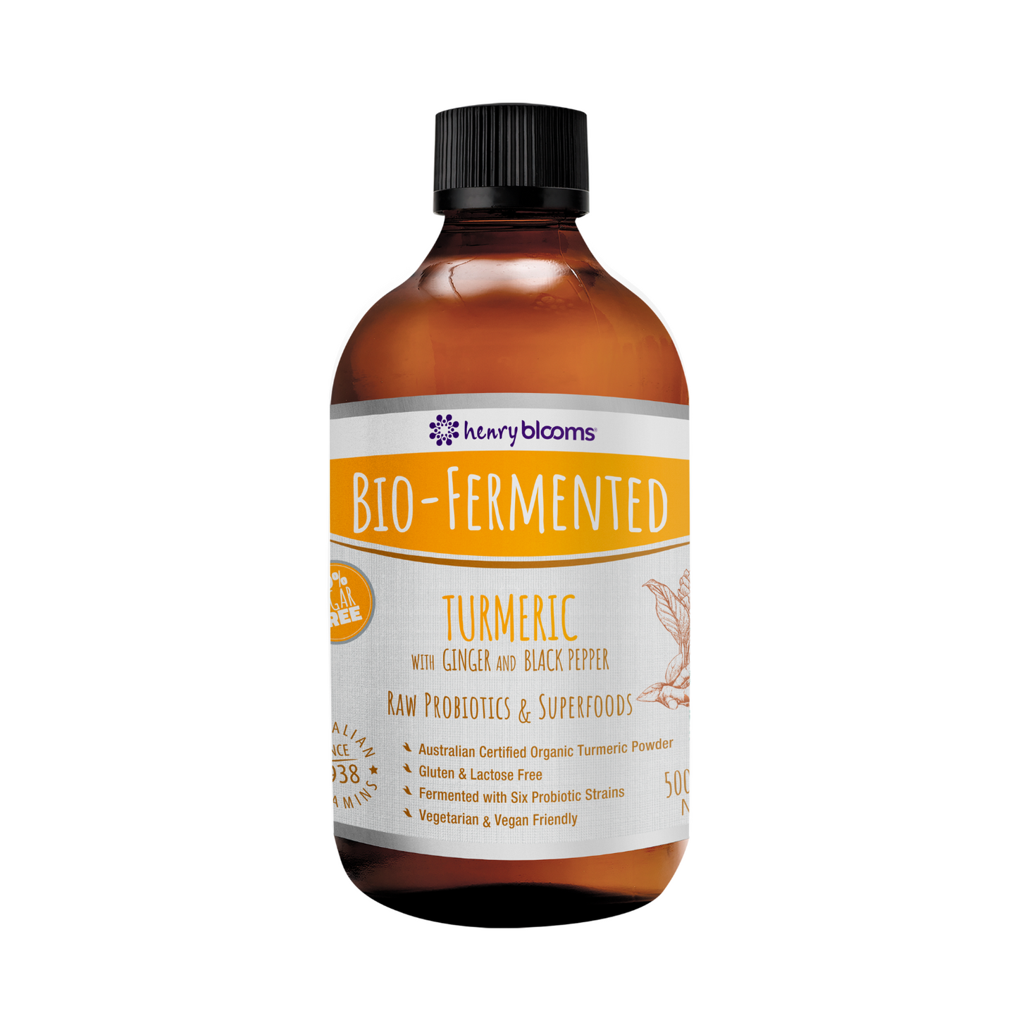 Henry Blooms Bio-Fermented Turmeric with Ginger & Black Pepper, 500 ml.