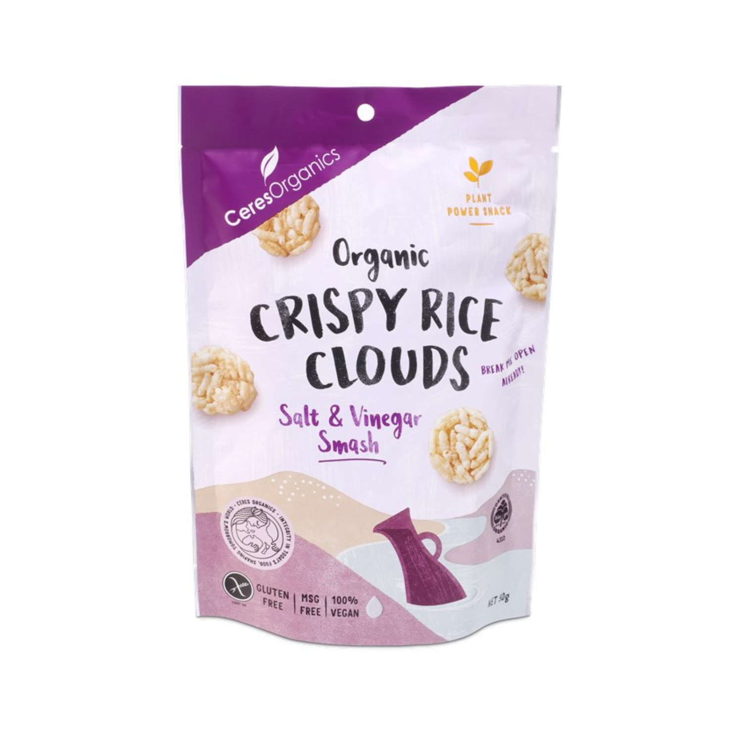 Ceres Organic Crispy Rice Clouds Salt & Vinegar Smash, 50g.