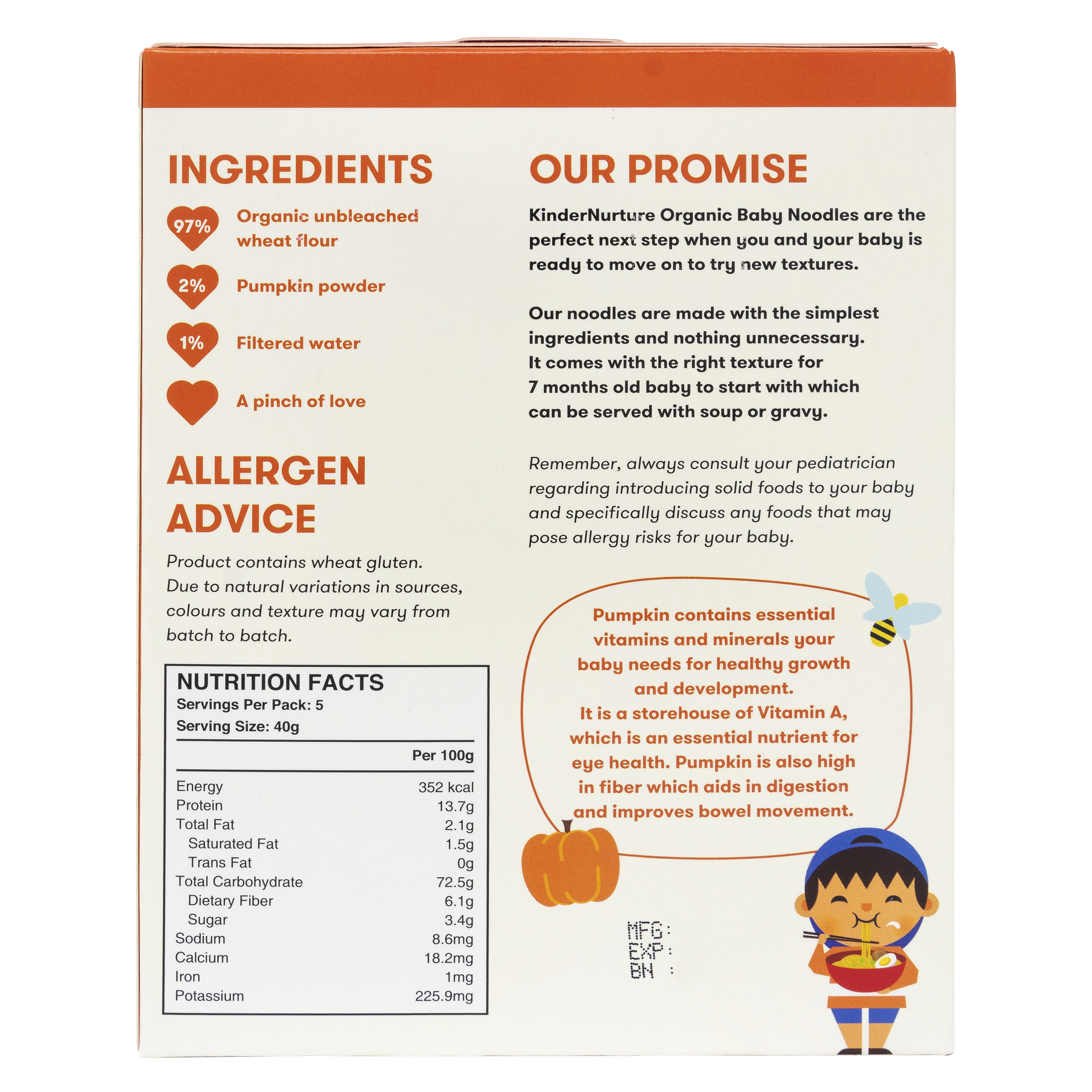 [25% Off Bundle Deal] 3 x KinderNurture Organic Baby Noodles- Pumpkin Flavour, 200g.
