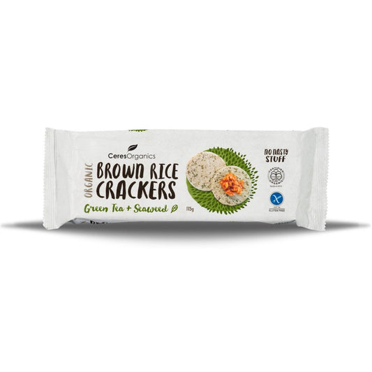 Ceres Organics Brown Rice Crackers - Green Tea & Seaweed, 115 g.-NaturesWisdom