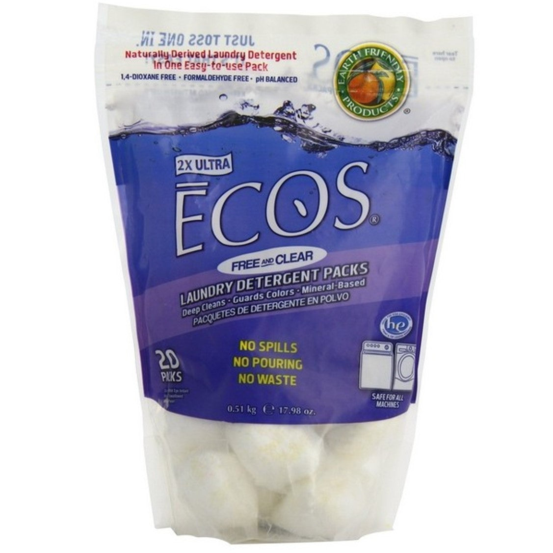Earth Friendly ECOS Laundry Detergent Packs - Free & Clear, 510 g.-NaturesWisdom