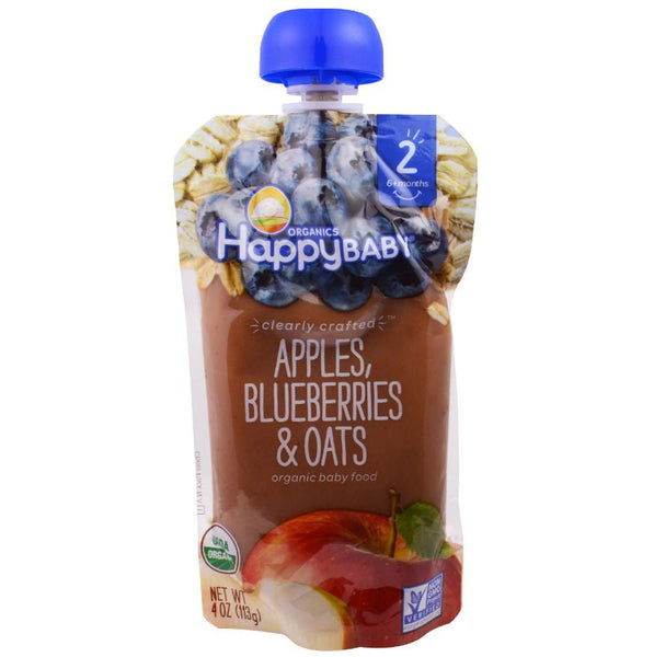 Happy Family Happy Baby Stage 2 Clearly Crafted - Apples Blueberries & Oats, 113 g.