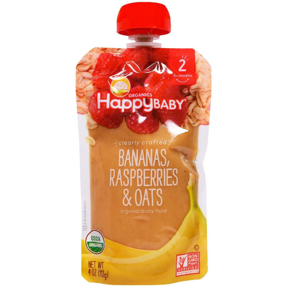 Happy Family Happy Baby Stage 2 Clearly Crafted - Bananas Raspberries & Oats, 113 g.-NaturesWisdom