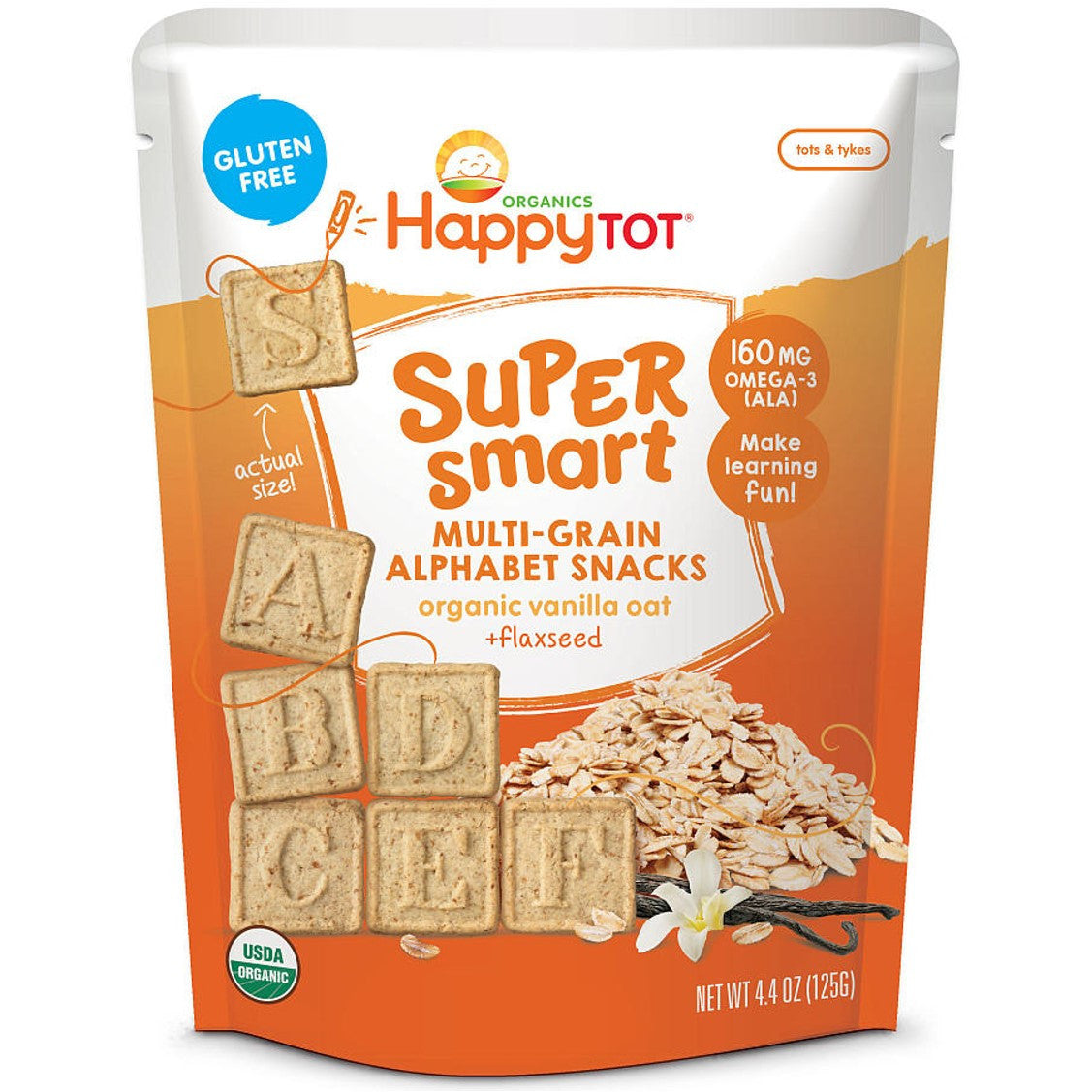 Happy Family Happy Tot Super Smart Multi-Grain Alphabet Snacks - Vanilla Oat + Flaxseed, 125 g.-NaturesWisdom