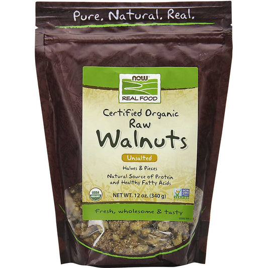 NOW Real Food Walnuts - Raw, Unsalted, Halves & Pieces, Organic, 340 g.-NaturesWisdom